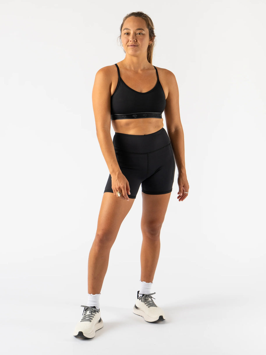 Speed Leggy High Rise 4" - Women by Rabbit in black, mid-length high-rise running shorts with side pocket, snug fit for comfort and bounce control.