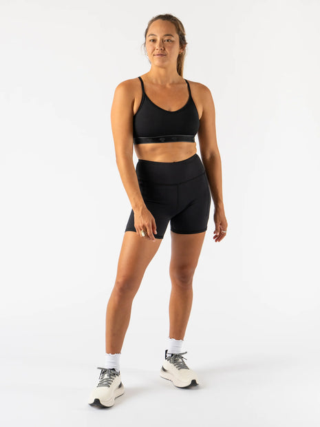 Speed Leggy High Rise 4" - Women by Rabbit in black, mid-length high-rise running shorts with side pocket, snug fit for comfort and bounce control.