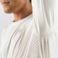 UPF Tee LS - Men by Rabbit in white, lightweight breathable long sleeve with UPF 50 and laser-cut perfs for cooling during sunny runs