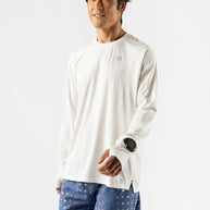 UPF Tee LS - Men by Rabbit in white, lightweight breathable long sleeve shirt with UPF 50 and laser-cut perfs, ideal for sunny runs