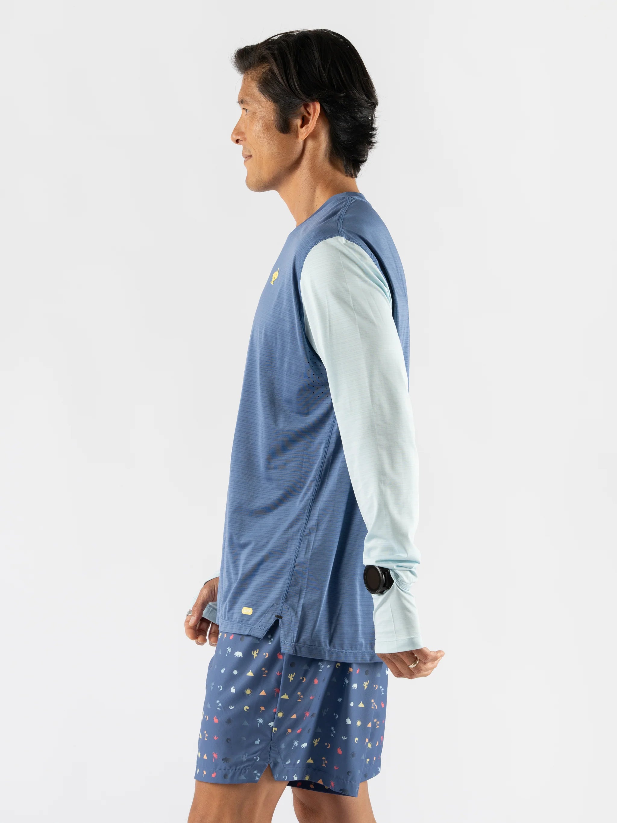 UPF Tee LS - Men by Rabbit in blue and light grey, lightweight breathable long sleeve with UPF 50 and laser-cut perfs for running