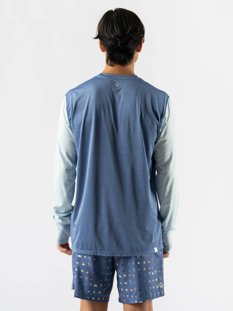 UPF Tee LS - Men by Rabbit in blue and light grey, lightweight breathable shirt with UPF 50 and laser-cut ventilation for running