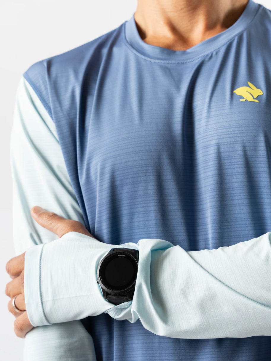 UPF Tee LS - Men by Rabbit in blue and light blue, lightweight breathable top with UPF 50 sun protection ideal for running