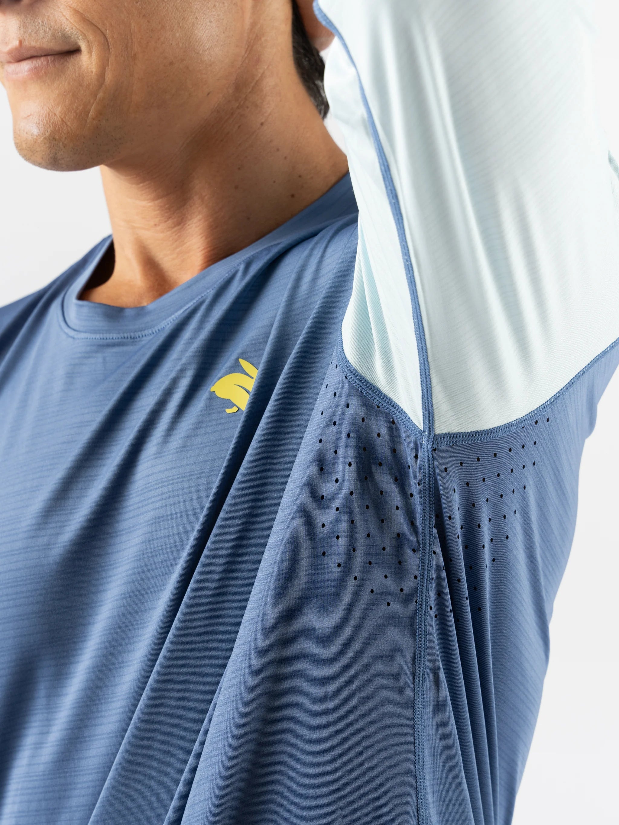 UPF Tee LS - Men by Rabbit in blue with light blue sleeves, lightweight breathable long sleeve shirt with UPF 50 and laser-cut ventilation for running
