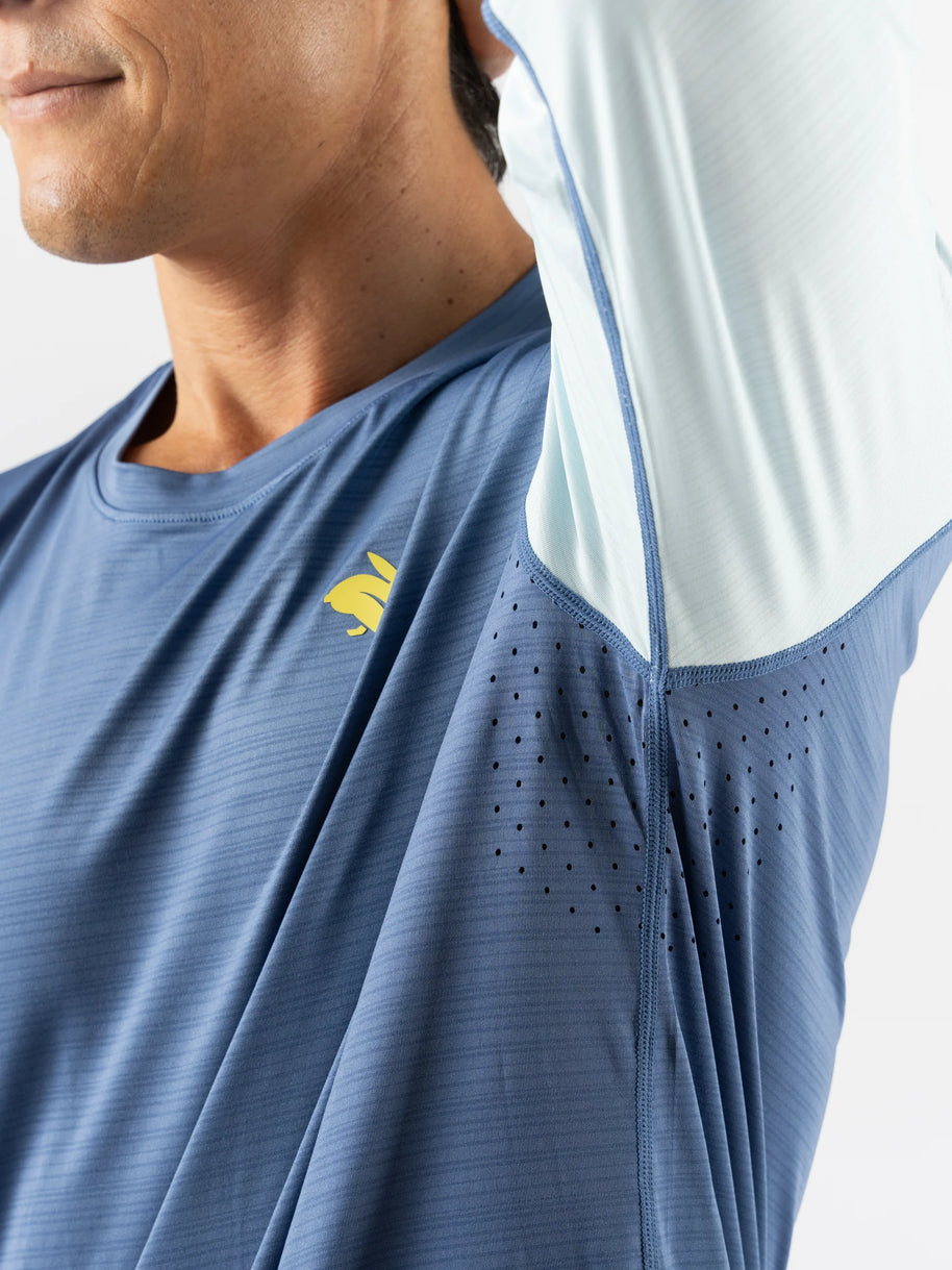 UPF Tee LS - Men by Rabbit in blue with light blue sleeves, lightweight breathable long sleeve shirt with UPF 50 and laser-cut ventilation for running
