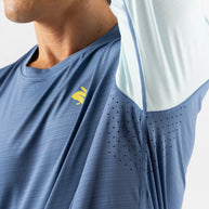 UPF Tee LS - Men by Rabbit in blue with light blue sleeves, lightweight breathable long sleeve shirt with UPF 50 and laser-cut ventilation for running
