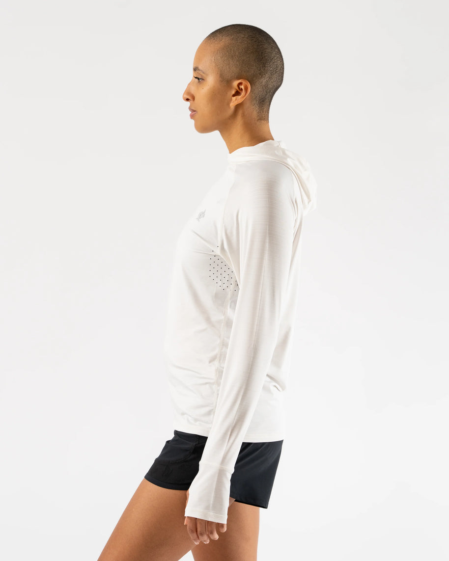 UPF Deflector 2.0 - Women by Rabbit in white, lightweight jersey with UPF 50 and laser-cut ventilation, ideal for sun protection running