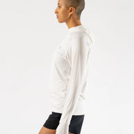 UPF Deflector 2.0 - Women by Rabbit in white, lightweight jersey with UPF 50 and laser-cut ventilation, ideal for sun protection running