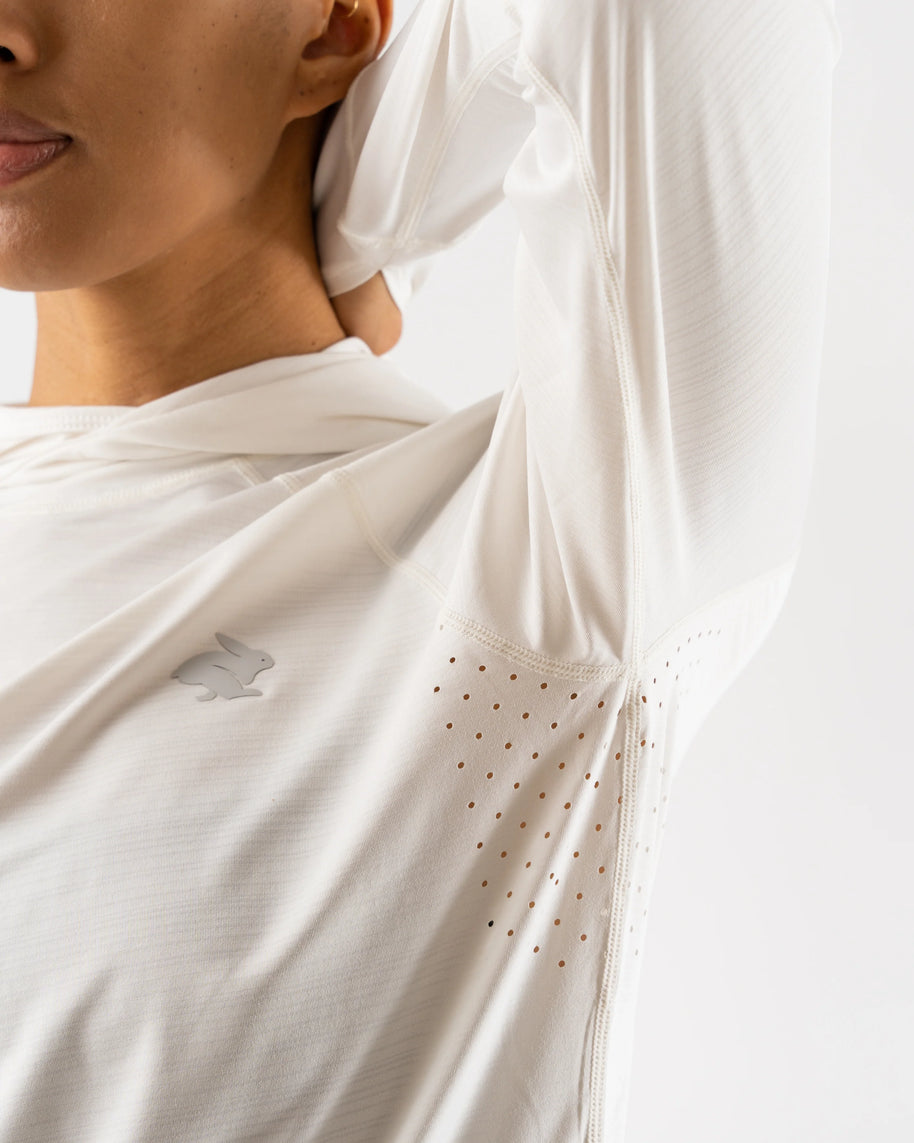 UPF Deflector 2.0 - Women by Rabbit in light cream lightweight jersey top with laser cut vents and UPF 50 for sun protection and sensitive skin