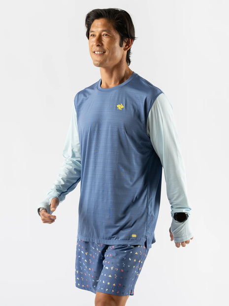 UPF Tee LS - Men by Rabbit in blue and light grey, lightweight breathable long sleeve shirt with UPF 50 and laser-cut perfs for cooling