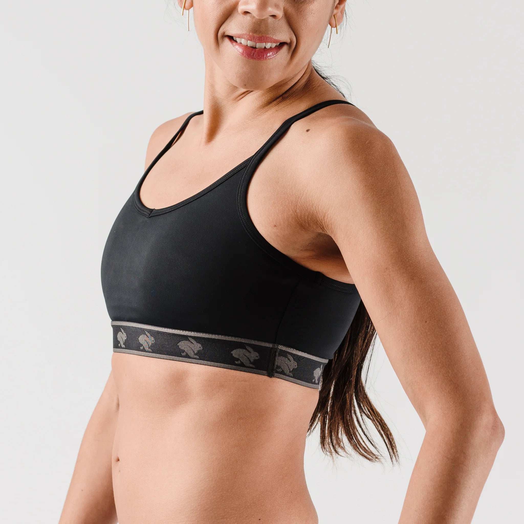 Strappy Pocket Bra - Women by Rabbit in black with built-in pocket, minimal bounce, and total comfort for activewear and running use