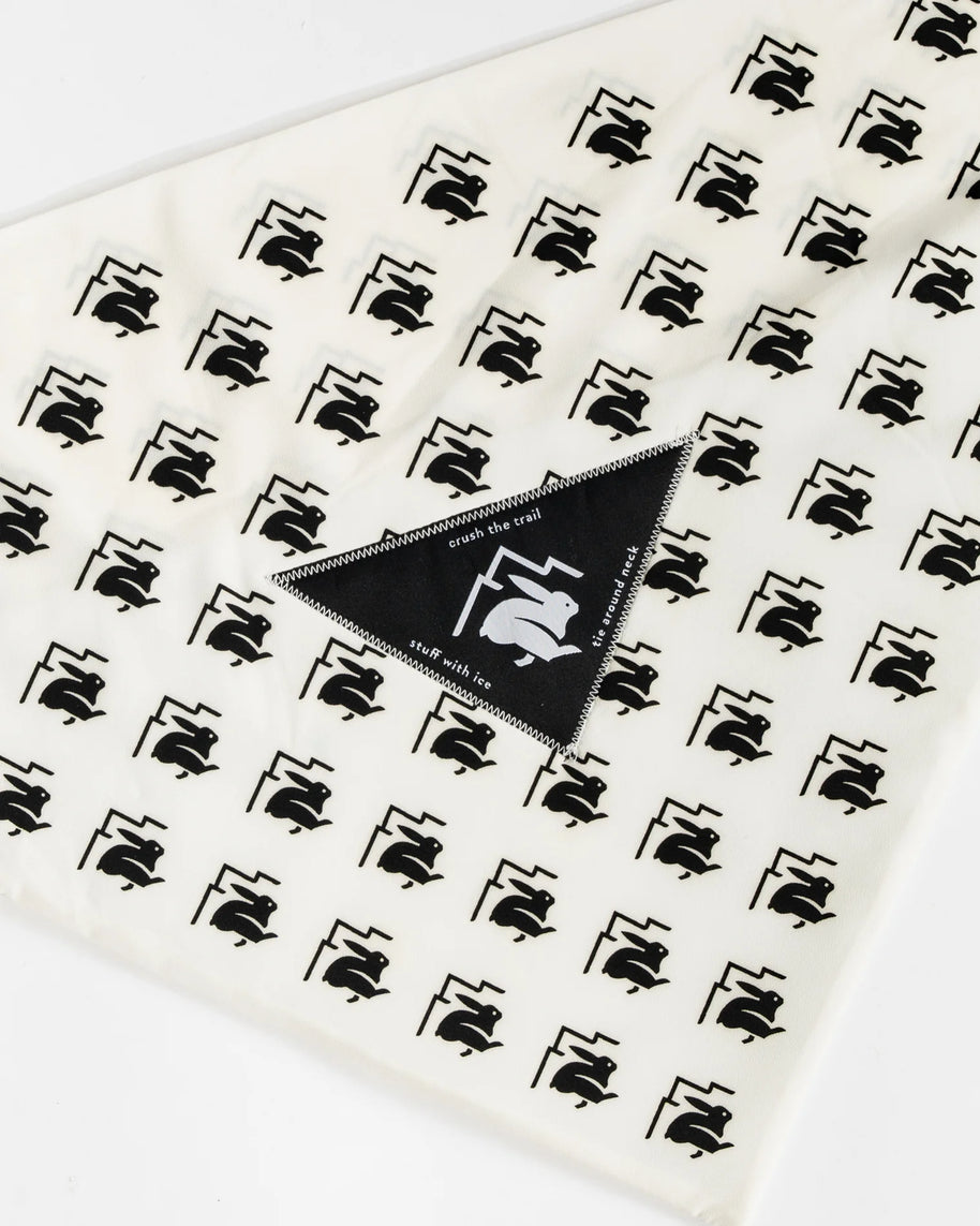 Ice RAD-Dana by Rabbit in black and white triangle bandana with ice pocket, made from recycled polyester and spandex for cooling runs