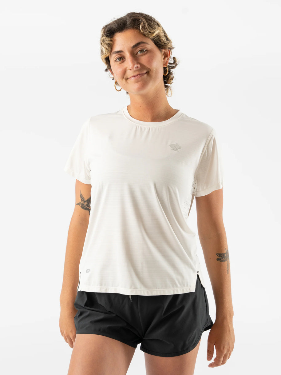 UPF Tee SS - Women by Rabbit in white, lightweight breathable jersey with UPF 50 and laser-cut arm perfs for sun protection and running