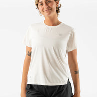 UPF Tee SS - Women by Rabbit in white, lightweight breathable jersey with UPF 50 and laser-cut arm perfs for sun protection and running