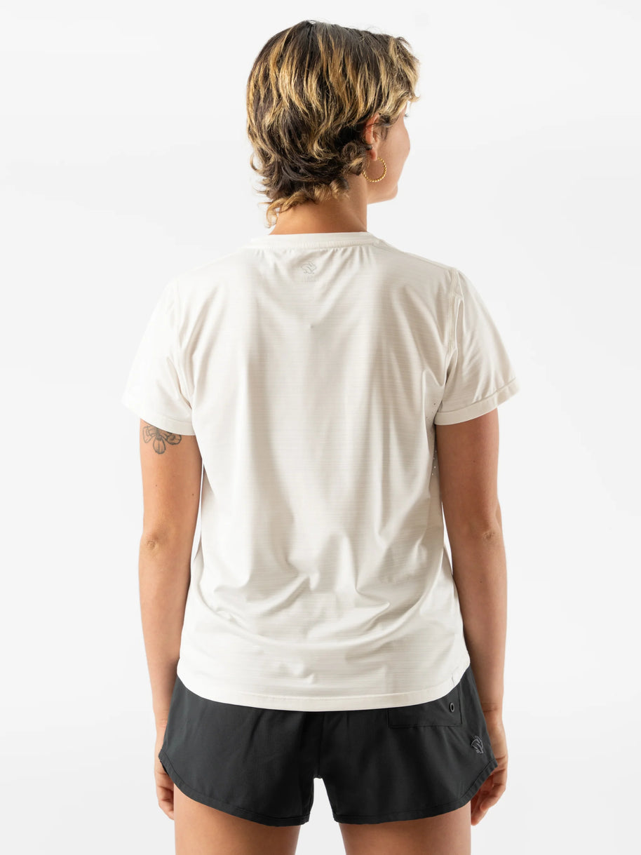 UPF Tee SS - Women by Rabbit in light beige, lightweight breathable top with UPF 50 and laser-cut vents for sun protection and comfort