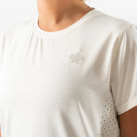 UPF Tee SS - Women by Rabbit in white, lightweight jersey with laser-cut arm perfs and UPF 50 protection for outdoor running.