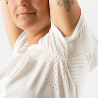 UPF Tee SS - Women by Rabbit in white with laser-cut perfs under arms, ultra lightweight jersey, UPF 50 protection for sun safety