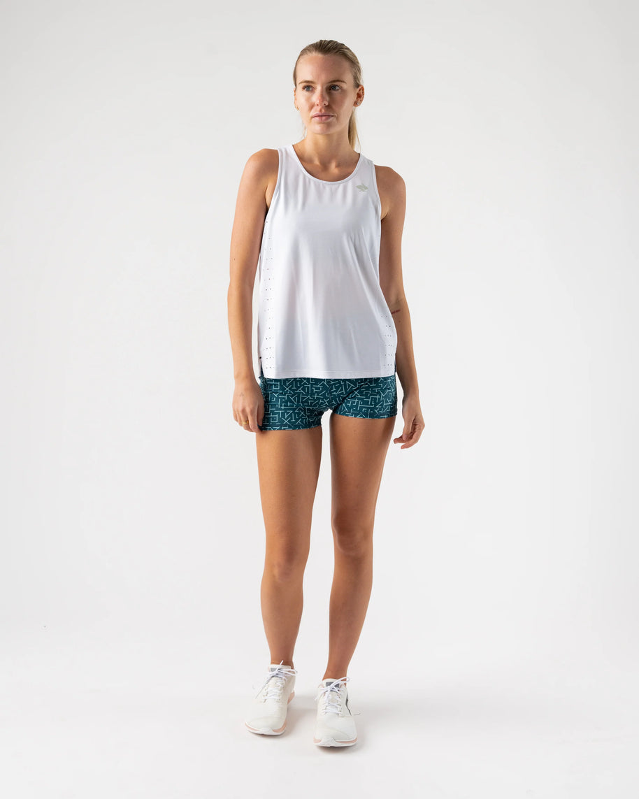 Race Pace Tank - Women by Rabbit in white with breathable laser-cut square perfs, semi-relaxed fit for running and training use