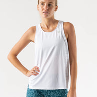 Race Pace Tank - Women by Rabbit in white with breathable laser-cut perfs and microtextured inside, ideal for running and training.