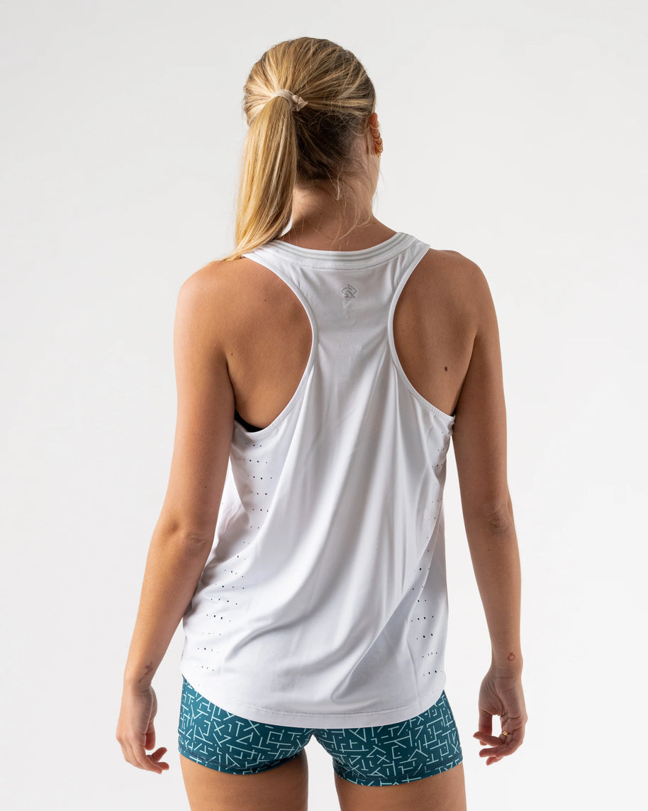 Race Pace Tank - Women by Rabbit in white with laser-cut perfs and microtextured inside for breathable comfort during running training and races