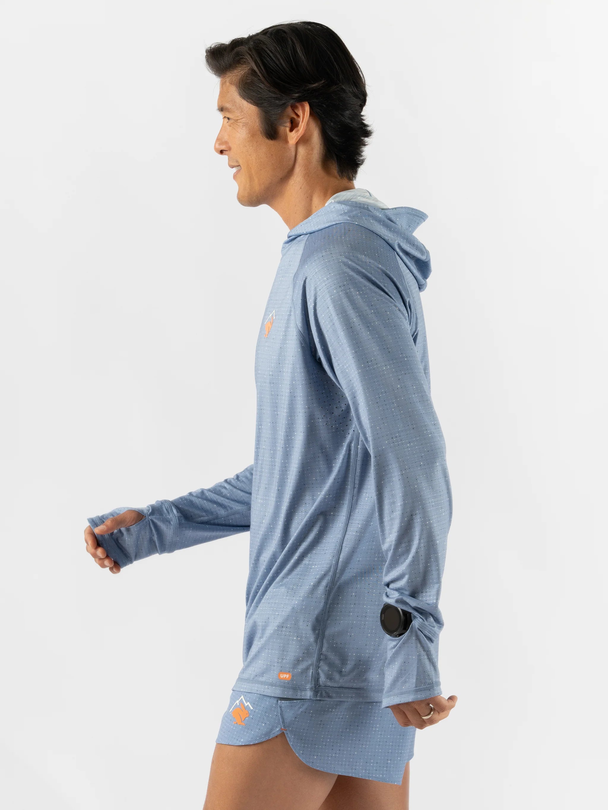 UPF Deflector 2.0 - Men by Rabbit in moonlight blue with UPF 50, lightweight jersey, ventilation, and hood for sun protection and running