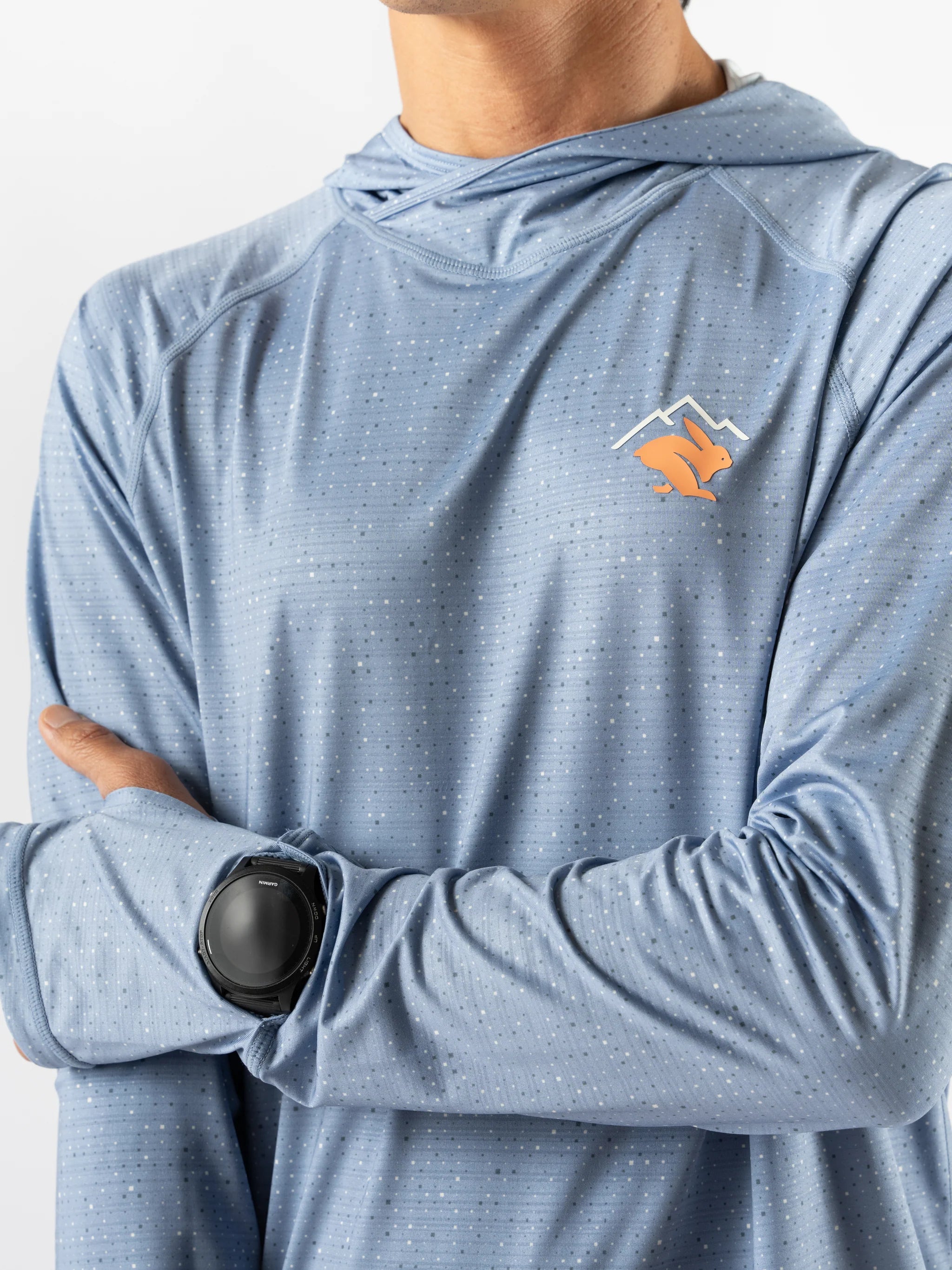 UPF Deflector 2.0 - Men by Rabbit in moonlight blue lightweight jersey with UPF 50 sun protection and ventilated hood for running
