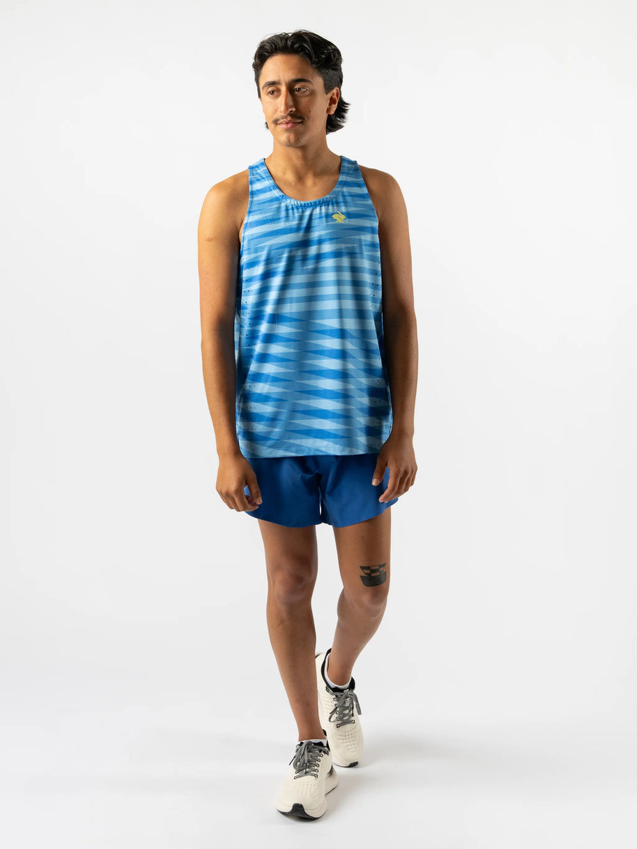 Race Pace Tank - Men by Rabbit in blue shades with breathable laser-cut perfs and microtextured inside, ideal for running and training.