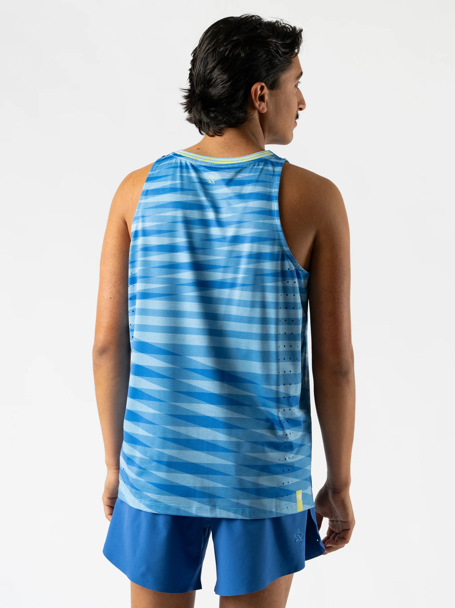 Race Pace Tank - Men by Rabbit in blue with laser-cut square perfs for breathability, semi-relaxed fit ideal for running and racing
