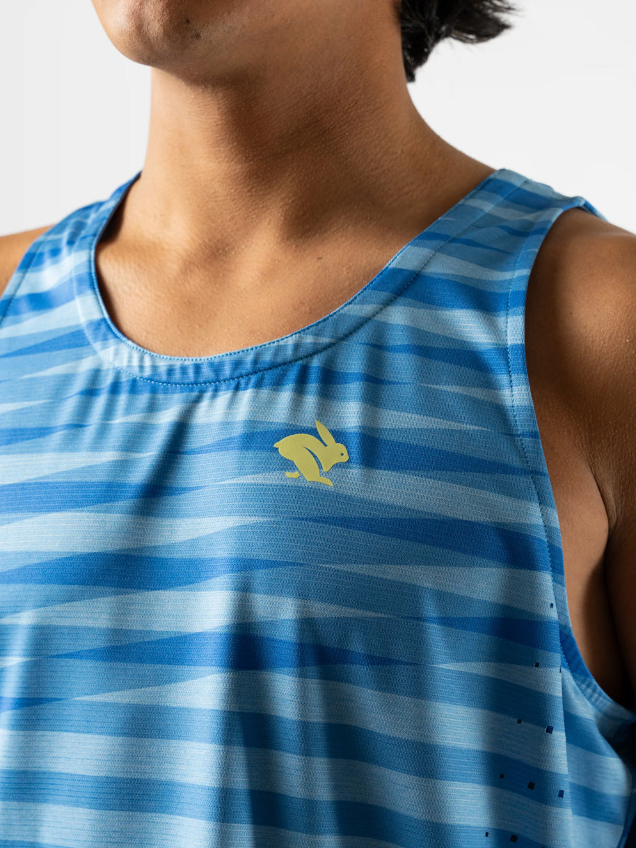Race Pace Tank - Men by Rabbit in blue striped pattern with laser-cut ventilation and breathable microtextured fabric for running and training
