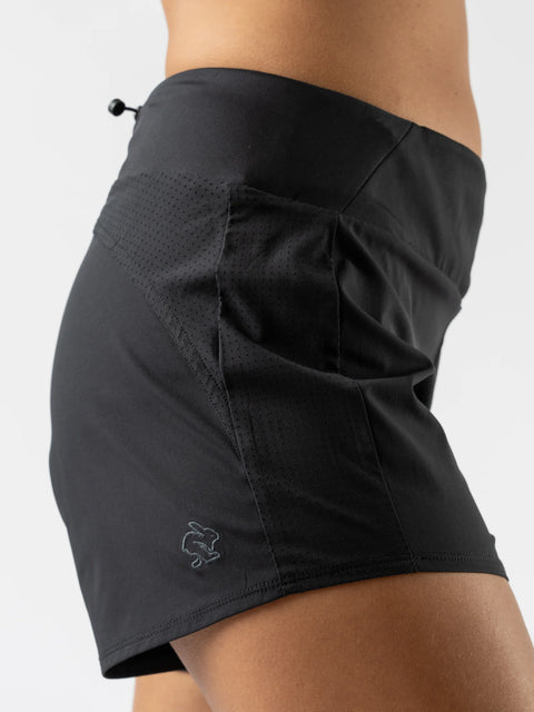 Tried N True 4 - Women black running shorts by Rabbit with 4-way stretch, micro-perfed airflow panels, and streamlined storage for running in Canada.