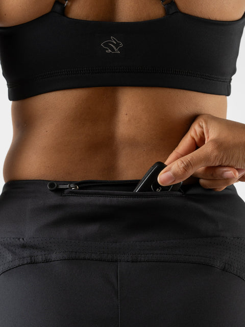 Tried N True 4 - Women black shorts by Rabbit with 4-way stretch, micro-perfed panels, and zip pocket for running and active wear