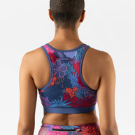 Utili Bra-Vo by Rabbit in multicolor floral design, multifunctional sports bra with laser-cut back pocket, minimizing bounce for running and training