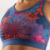 Utili Bra-Vo by Rabbit in blue with red and purple floral pattern, multifunctional sports bra with bounce control and laser-cut pocket for running