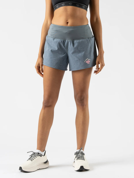 Summit Chasers 4 - Women by Rabbit in blue with grey waistband, durable stretch ripstop shorts with five pockets for running and outdoor use