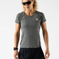 EZ Tee Perf SS Trail - Women by Rabbit in dark grey lightweight breathable running top with perforations for trail running comfort