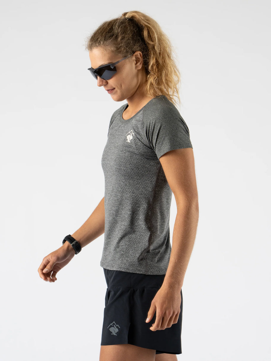 EZ Tee Perf SS Trail - Women by Rabbit in dark grey lightweight breathable running shirt with perforations, ideal for trail running and outdoor use
