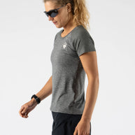 EZ Tee Perf SS Trail - Women by Rabbit in dark grey lightweight breathable running shirt with perforations, ideal for trail running and outdoor use