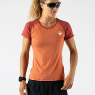 EZ Tee Perf SS Trail - Women by Rabbit in rust and dark red, lightweight breathable trail running top with all-over perforations for comfort