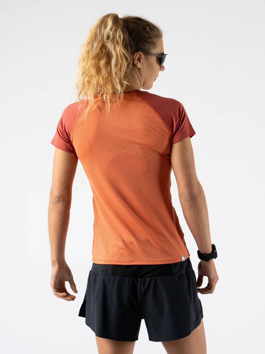 EZ Tee Perf SS Trail - Women by Rabbit in rust orange with breathable perforations, soft lightweight running top ideal for trail running and outdoor use