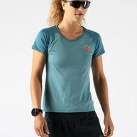 EZ Tee Perf SS Trail - Women by Rabbit in teal with perforations, breathable lightweight running top ideal for trail running and outdoor use