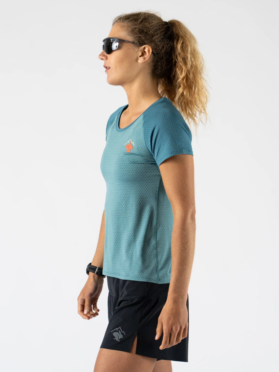 EZ Tee Perf SS Trail - Women by Rabbit in blue with perforations, lightweight breathable trail running top ideal for outdoor use