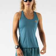 EZ Tank Perf Trail - Women by Rabbit in blue with perforations, breathable lightweight tank top for trail running and workouts
