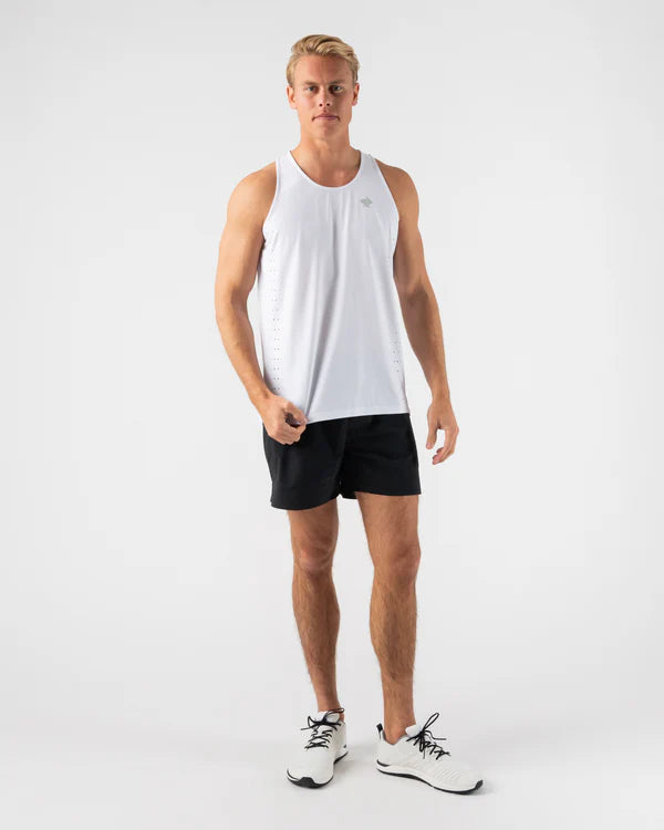 Race Pace Tank - Men by Rabbit in white with laser-cut square perfs and breathable, microtextured interior for running and training