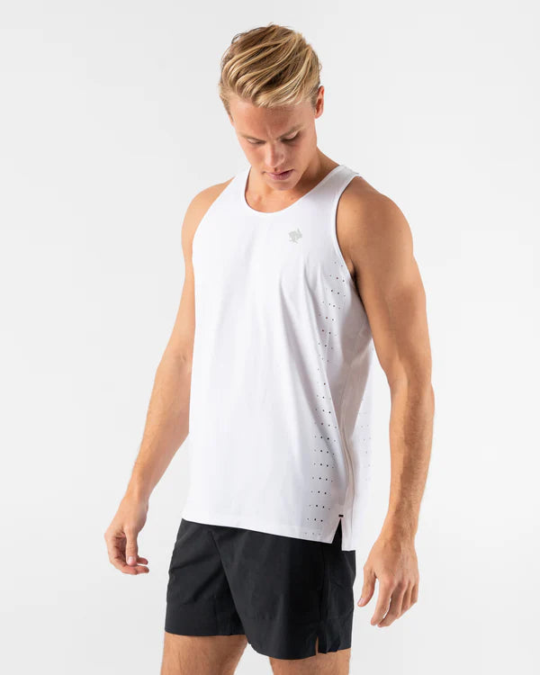 Race Pace Tank - Men by Rabbit in white with laser-cut square perfs, breathable semi-relaxed running tank for training and race day