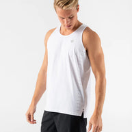 Race Pace Tank - Men by Rabbit in white with laser-cut square perfs, breathable semi-relaxed running tank for training and race day