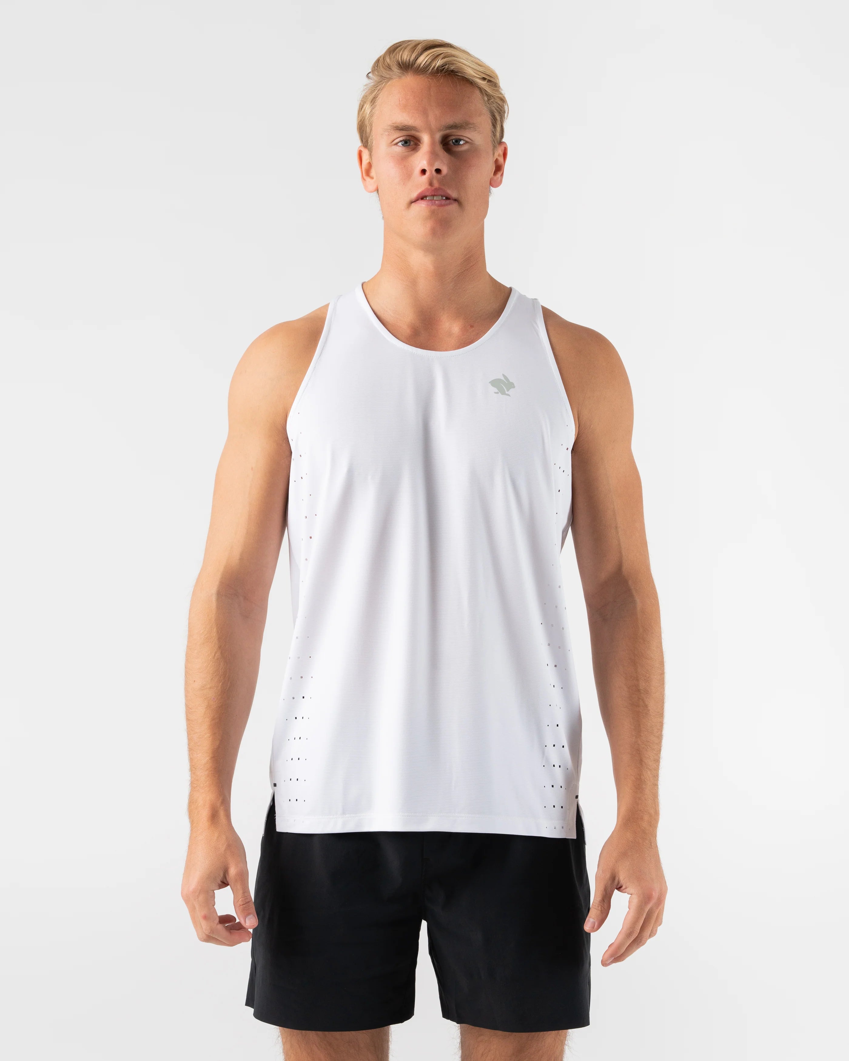Race Pace Tank - Men by Rabbit in white with laser-cut square perfs and breathable fabric for running and training comfort