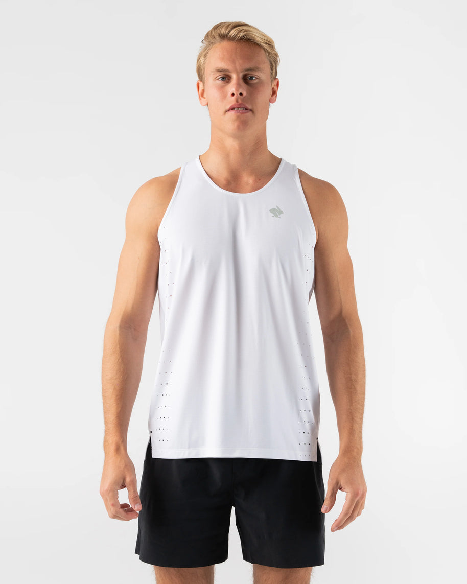 Race Pace Tank - Men by Rabbit in white with laser-cut square perfs and breathable fabric for running and training comfort