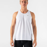 Race Pace Tank - Men by Rabbit in white with laser-cut square perfs and breathable fabric for running and training comfort