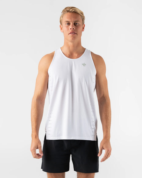 Race Pace Tank - Men by Rabbit in white with laser-cut square perfs and breathable fabric for running and training comfort