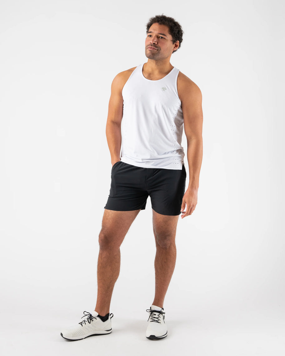 Race Pace Tank - Men by Rabbit in white with laser-cut perfs and breathable fabric, lightweight for running and training comfort
